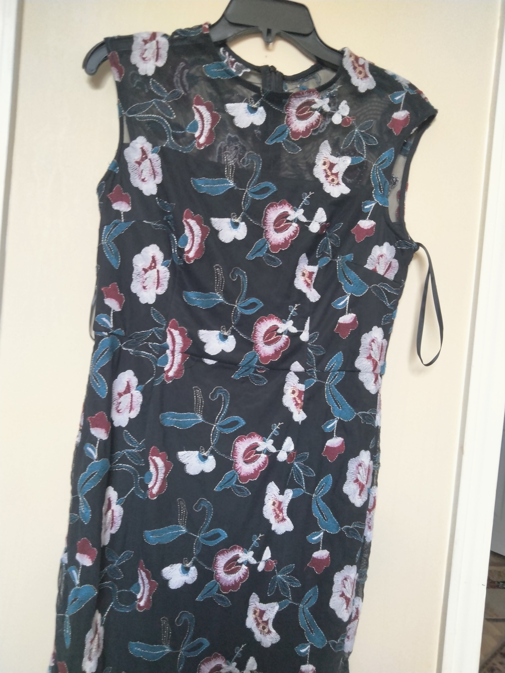 Donna Ricco Black Midi Dress with Blue and White Floral Embroidery